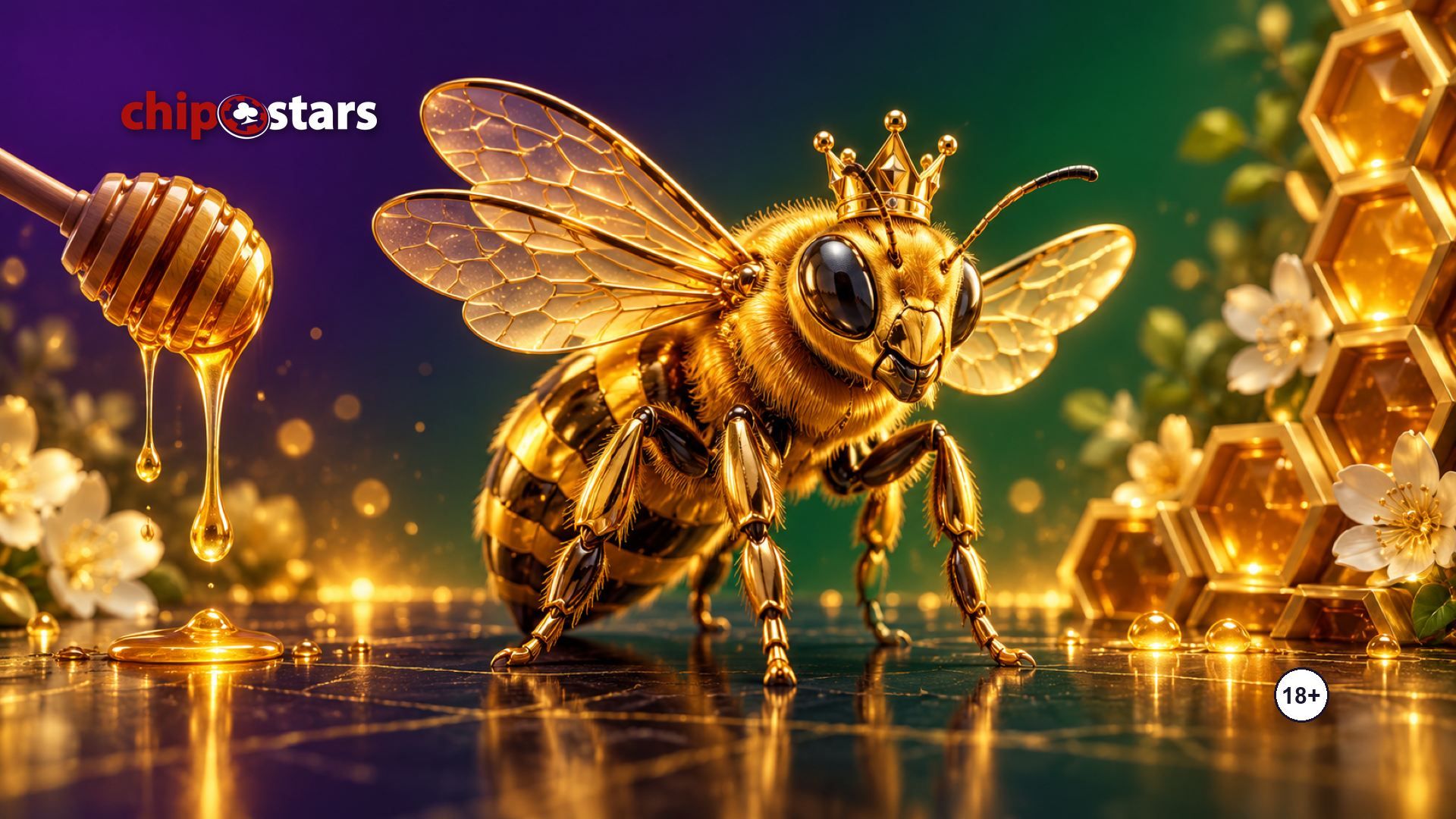 Golden crowned bee on honeycomb with dripping honey: Royal Beellion Hold and Win slot review at Chipstars